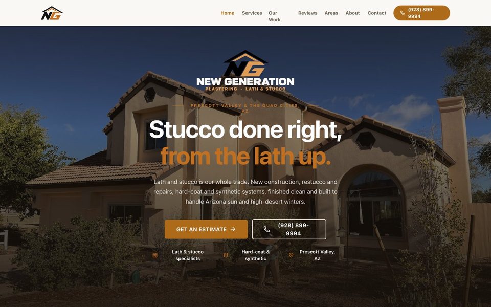 New Generation Plastering website homepage on desktop