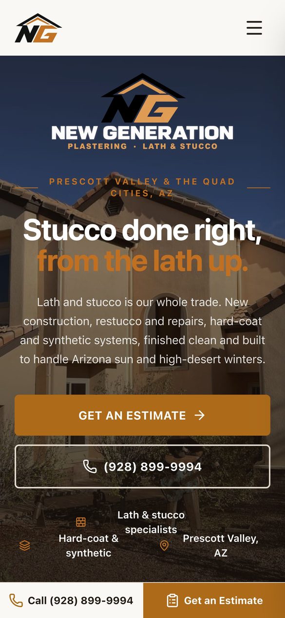 New Generation Plastering website homepage on a phone
